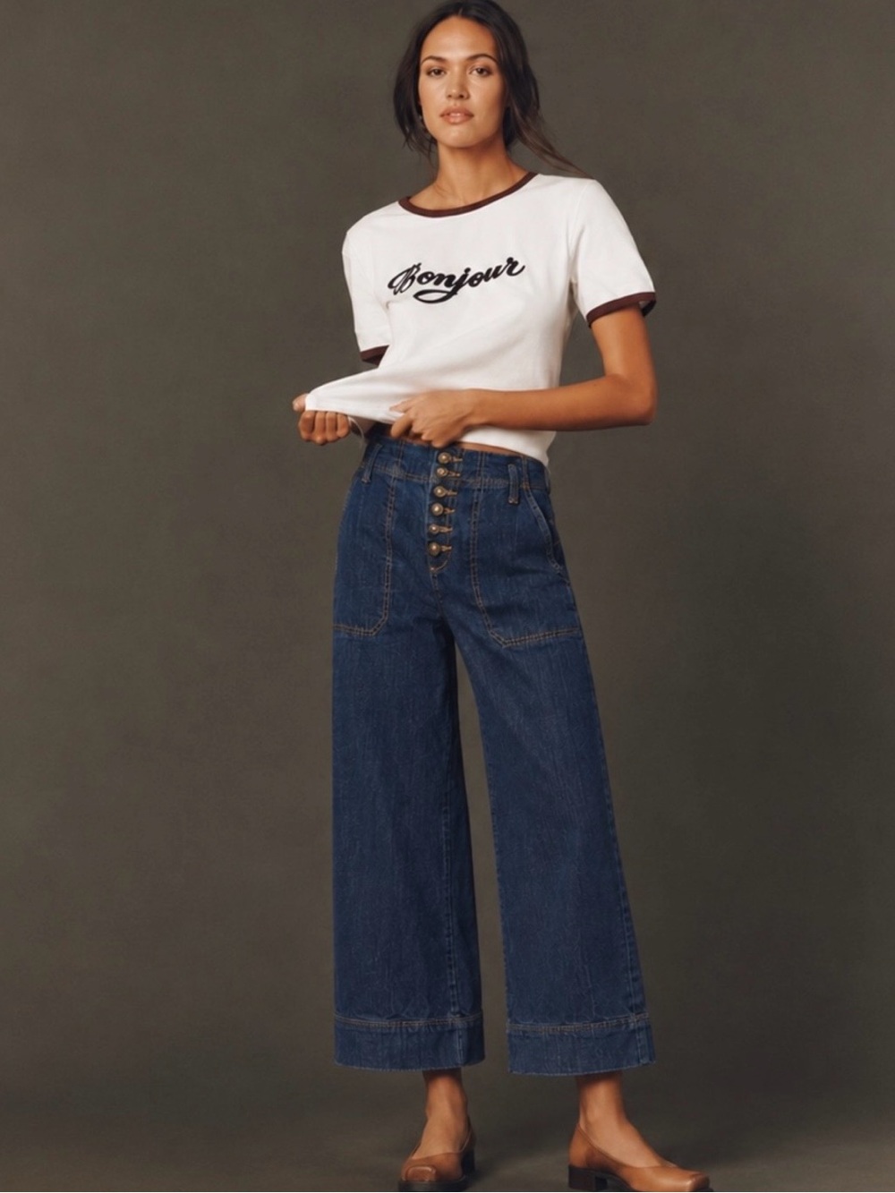 Pilcro Dark Blue High-Rise Wide-Leg Button-Front Jeans
